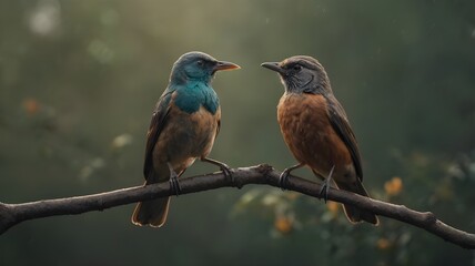Fototapeta premium two birds perched on a branch in a natural forest background