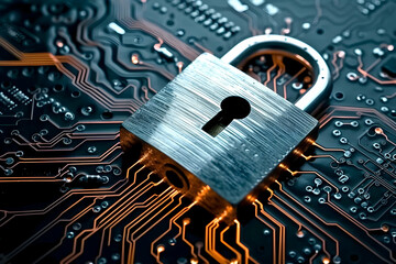 Close-up of Padlock on Circuit Board: Cybersecurity and Data Protection Concept