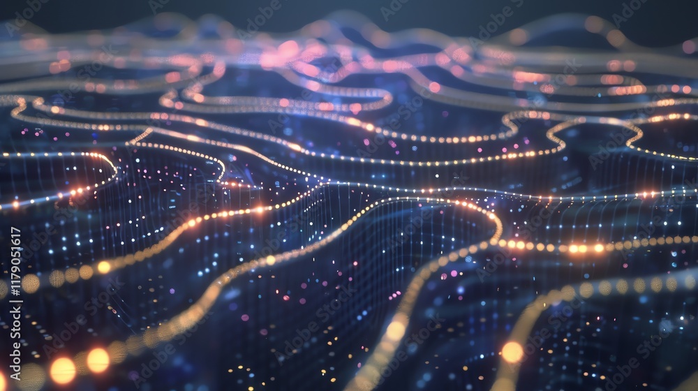 Poster an abstract 3d rendering of a network of glowing blue and orange lines with a blurred background of 