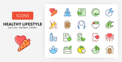 Line icons about healthy lifestyle. Contains such icons as vegan, detox, mindfulness and more. 256x256 Pixel Perfect editable in colors
