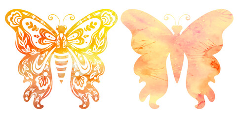 Vector clipart set tracery watercolor butterflies. Collection of decorative yellow tracery flying insect with a floral ornament