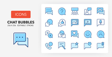 Line icons about chat bubbles. Contains such icons as faq, comment, favorite and more. 256x256 Pixel Perfect editable in two colors