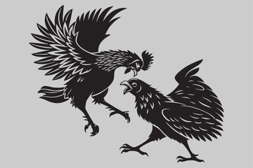two hen fighting silhouette vector design art and illustration