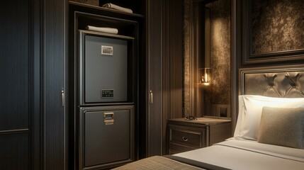 A hotel room wardrobe with a neatly positioned metal safe, blending seamlessly into the interior