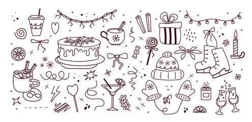 the concept of the holiday: dessert, stars, gift, snow.  line drawing. Holiday design elements are isolated on white background. Simple shape conceptfor winter season cards, for  party poster, banner