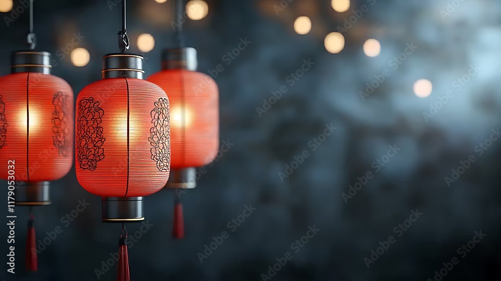 Aufkleber rows of intricately designed red lanterns glowing and hanging in a festive atmospheric setting creat