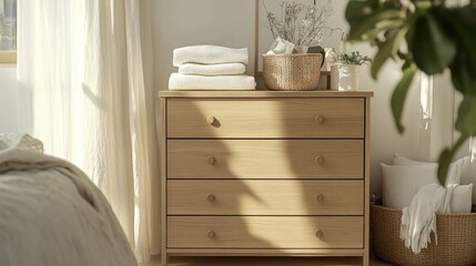 A light oak chest of drawers in a clean, modern room, featuring folded clothes and storage baskets for accessories.