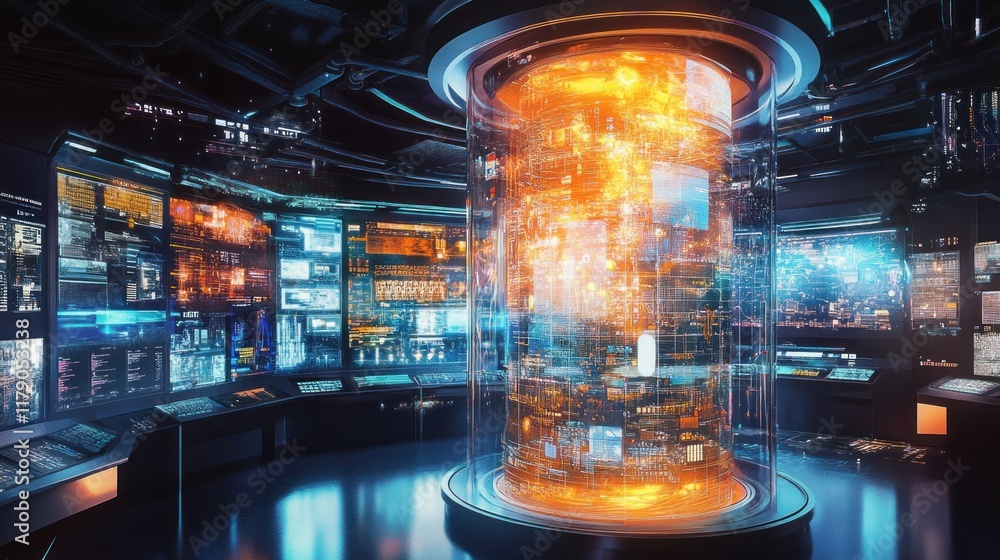 Poster futuristic control center with holographic data display.