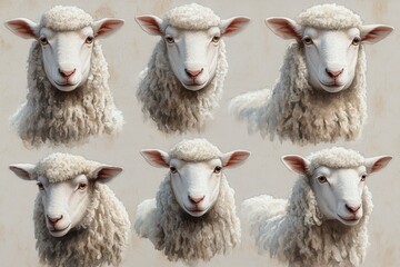 Obraz premium A collage of six sheep heads with fluffy wool, showcasing their distinct features.