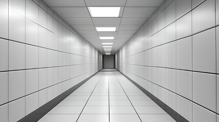 A long corridor with white walls, recessed lighting, and a seamless flow of tiles leading to a distant doorway