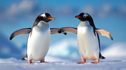 Fototapeta premium Two penguins are standing close to each other on a snowy surface. They are both facing the camera, and their posture suggests that they are comfortable and relaxed in each other's presence