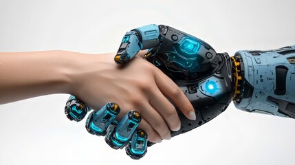 Handshake symbolizing business, trust and partnership. A deal between a robot and a person. Agreement concept with teamwork, support and collaboration at a professional level.