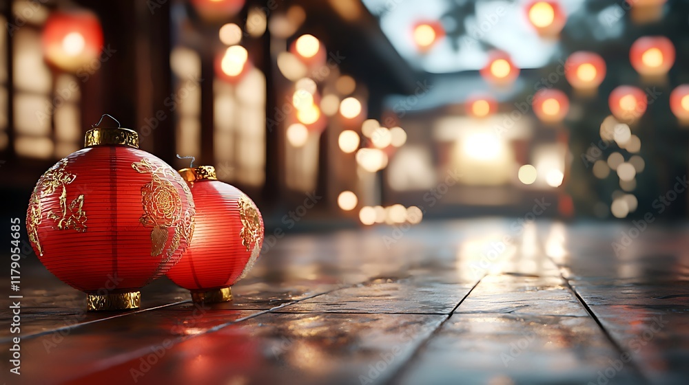Aufkleber rows of vibrant red chinese lanterns with intricate designs and patterns glowing and illuminating th