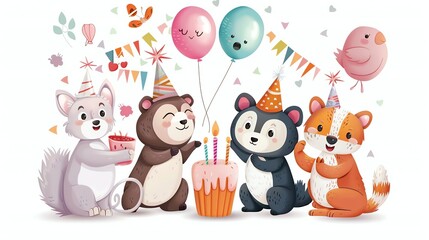 Naklejka premium A cartoon illustration of animals celebrating a birthday.