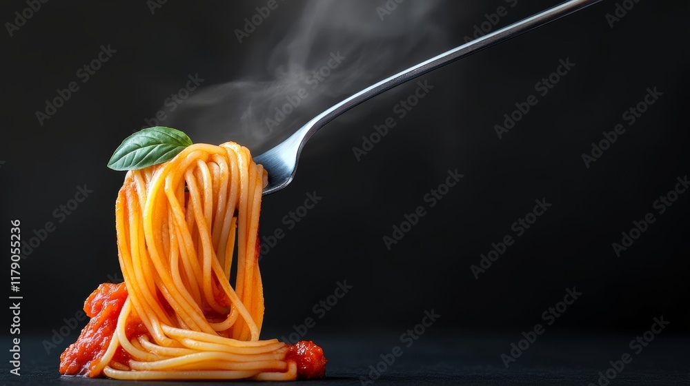 Poster fork with a piece of spaghetti and a leaf of basil on it. the spaghetti is covered in sauce and the 