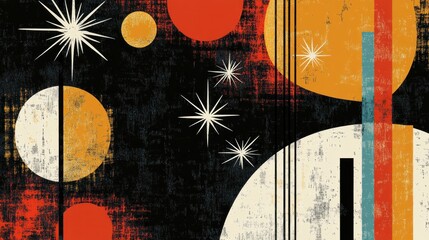Abstract mid-century modern art with textured background, circles, stars, and lines in red, orange, and beige.