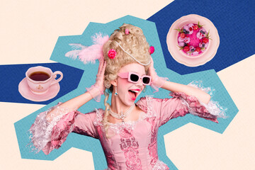 3D collage poster template trend of rococo style feather royal costume aristocracy drink cup tea...