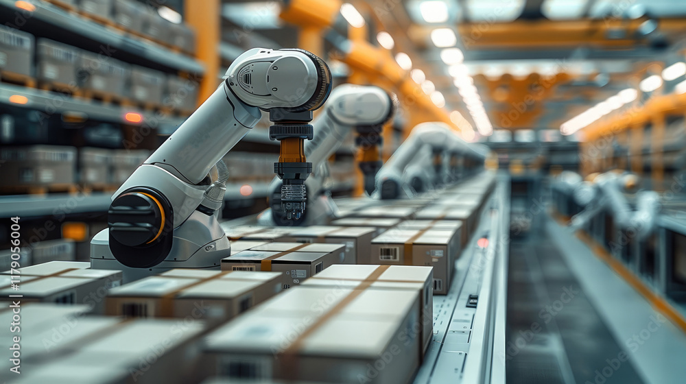 Aufkleber a futuristic e-commerce facility with advanced robotic arms efficiently sorting and packaging goods.