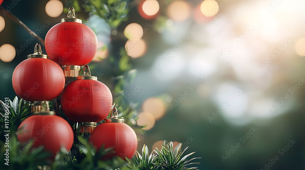 Poster towering red lanterns stacked in a pyramid shape glowing and reflecting against a blurred bokeh fill