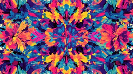 Vibrant abstract floral kaleidoscope pattern with symmetrical design in bright neon colors.
