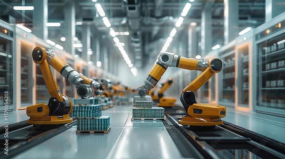 Poster a futuristic e-commerce facility with advanced robotic arms efficiently sorting and packaging goods.