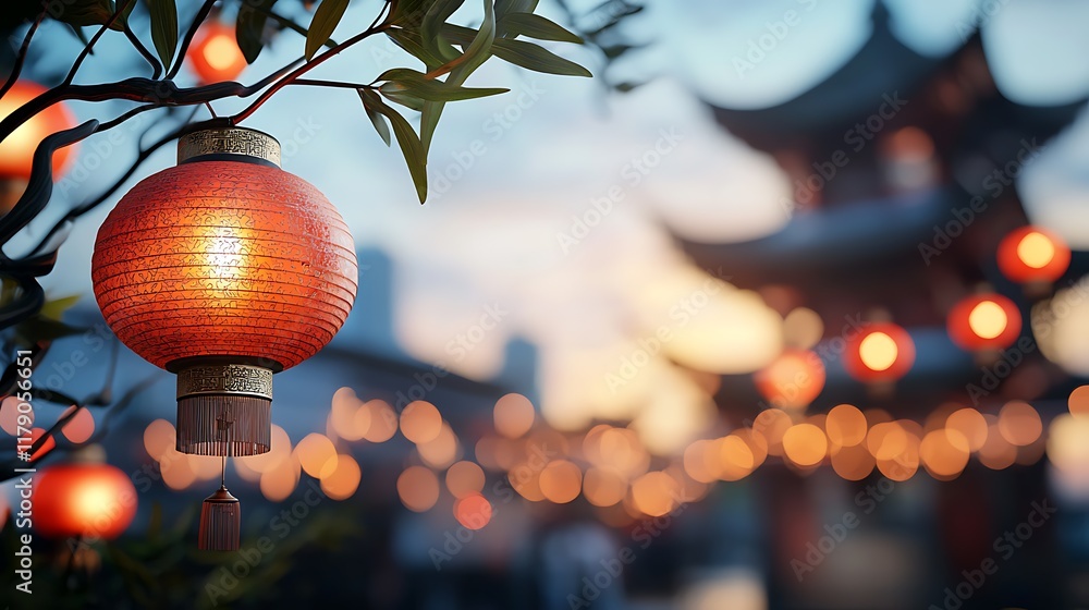 Aufkleber towering traditional pagoda structure surrounded by a display of glowing red paper lanterns against 