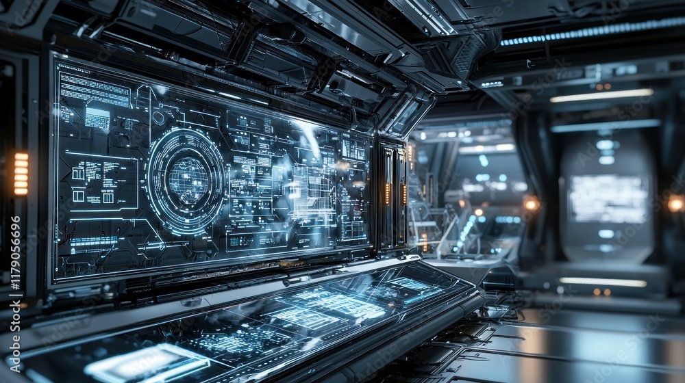 Poster futuristic spaceship bridge: advanced technology interface