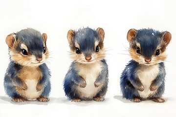 Three cute, stylized animals resembling small, fluffy creatures with blue and brown fur.