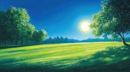 Naklejka premium Serene summer evening landscape with bright sun, green field, and trees.