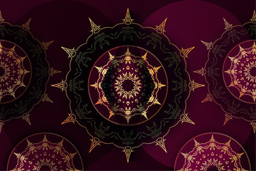 Traditional red color Mandala Artistic Style: Gold Floral Designs on a Dark Canvas

