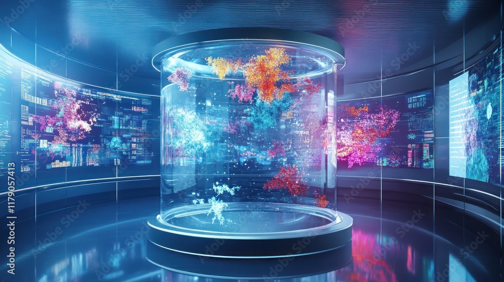 Poster futuristic data visualization in a glass cylinder displayed on a digital screen.