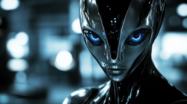 Close-up of a futuristic female android with glowing blue eyes.
