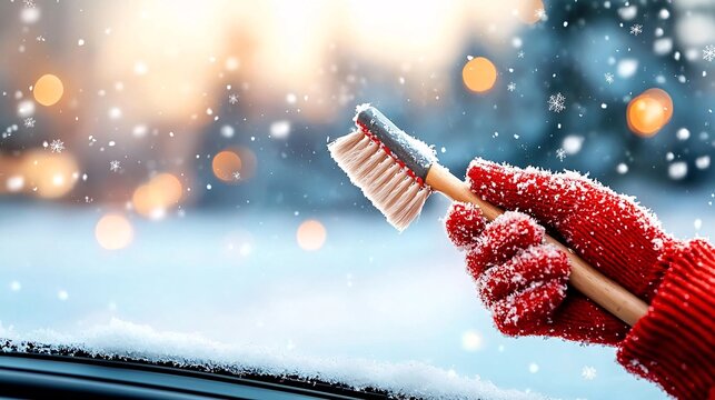 Winter lifestyle routine concept. A hand in a red glove holds a brush to clear snow from a car, with a snowy landscape and soft bokeh in the background.