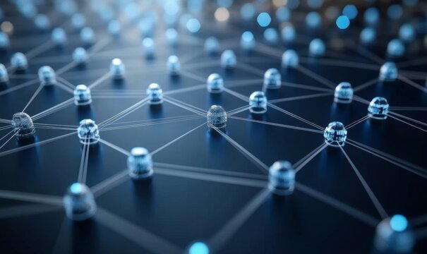 Network technology, interconnected nodes in the digital realm. Data transfer, communication and seamless connectivity for modern enterprises. Efficient, robust and secure tech infra, Generative AI
