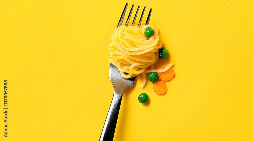Poster fork with spaghetti noodles and peas on it. the fork is on a yellow background. scene is light and p