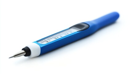 Blue pen with a measurement scale on a white isolated background.