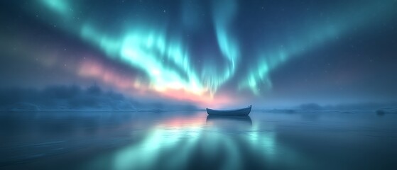 Serene boat under aurora borealis.