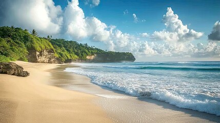 Tropical beach sunrise, waves, cliffs, lush vegetation; ideal for travel brochures.