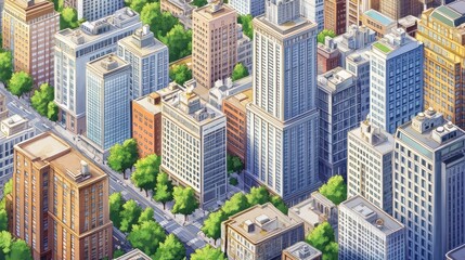 Obraz premium Aerial view of a city with skyscrapers, streets, and trees.