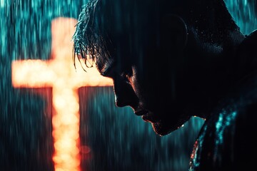 God and rain with depressed for mercy with plead or cry for help with test of faith with glow cross. Mental health, doubt or loss with grief, hopeless and trouble with spiritual crisis, Generative AI