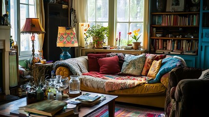 A colorful eclectic home with mismatched furniture vintage glassware and a cozy vibe