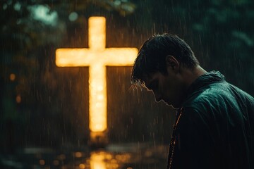 God and rain with depressed for mercy with plead or cry for help with test of faith with glow cross. Mental health, doubt or loss with grief, hopeless and trouble with spiritual crisis, Generative AI
