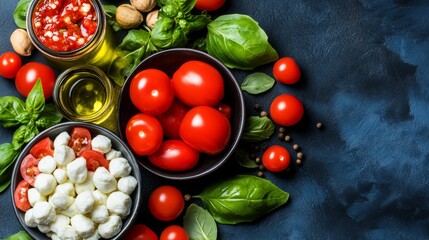 Table is covered with various bowls of food, including a bowl of tomatoes and basil, a bowl of mozzarella balls, and a bowl of cheese. The table is set for a meal, and the food looks fresh