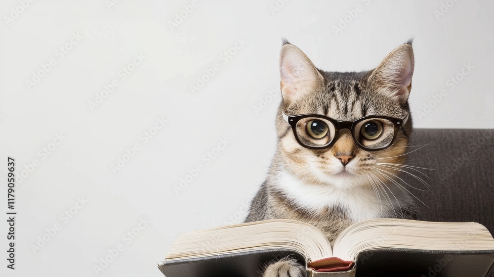 Poster cat wearing glasses is sitting on a chair and looking at an open book. the cat appears to be curious