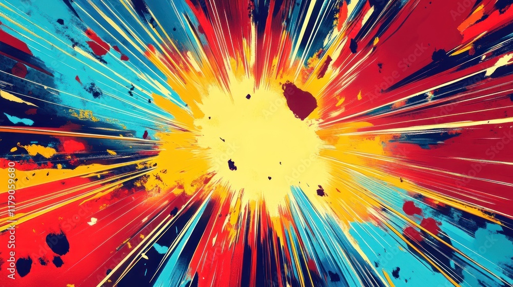 Poster abstract colorful explosion with radiating lines and splatters.
