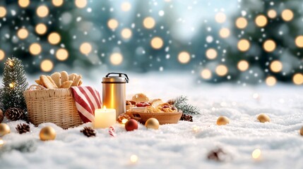Winter lifestyle routine concept. A festive winter scene with treats, a candle, and decorative elements, set against a snowy backdrop with soft bokeh lights.
