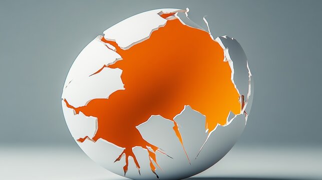 Cracked eggshell with a bright orange yolk inside. The eggshell is broken in half, revealing the yolk inside. The image has a sense of fragility and vulnerability, as the eggshell is easily broken