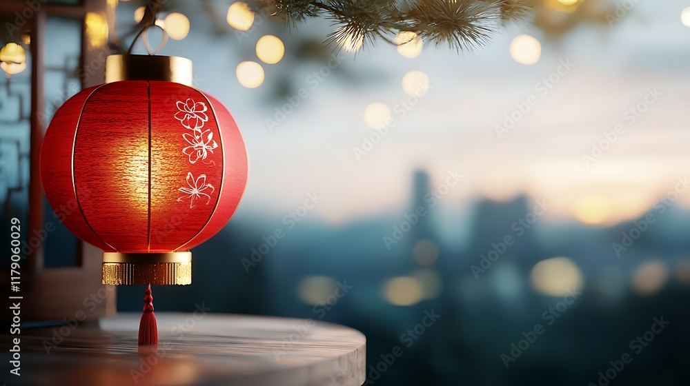Poster vibrant red lanterns casting a warm magical glow against the serene dark sky creating a captivating 