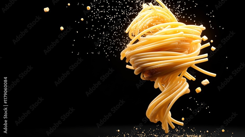 Poster close up of spaghetti noodles with a lot of dust and debris. the spaghetti is twisted and tangled, a