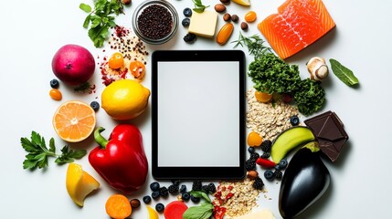 Tablet is surrounded by a variety of fruits and vegetables. Concept of healthy eating and the importance of incorporating fresh produce into one's diet